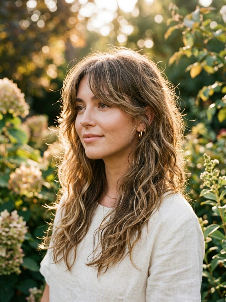 curtain bangs with a layered shag haircut