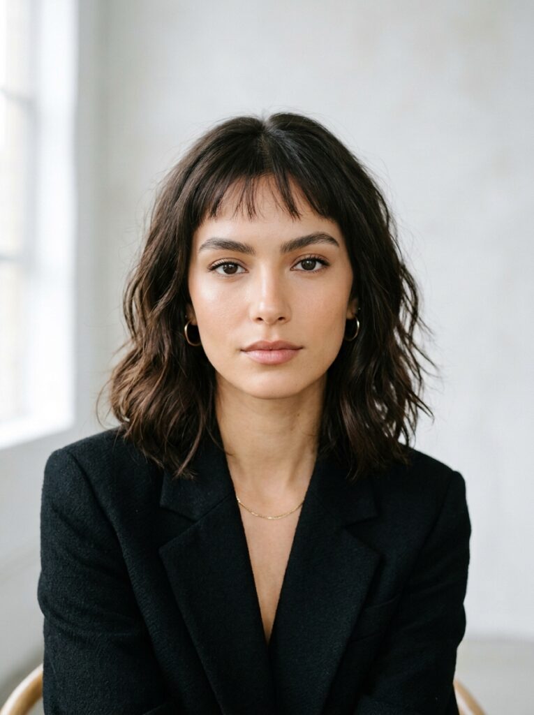 sparse micro curtain bangs above the brows