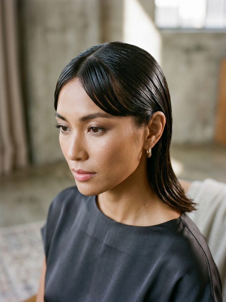 slicked back curtain bangs wet look