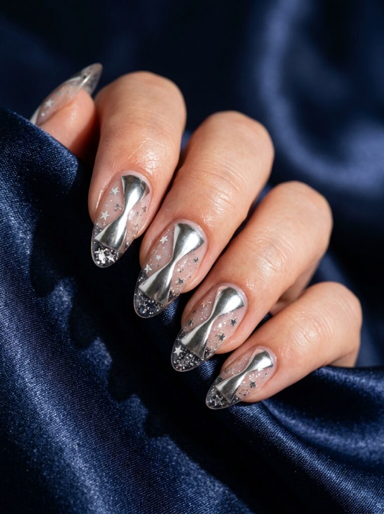 chrome hourglass nail design with floating silver stars