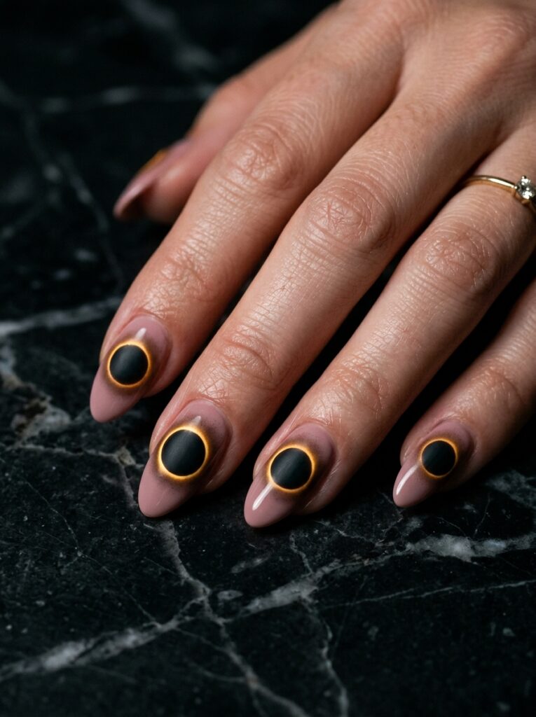 dusty rose eclipse fade nails with glowing ring