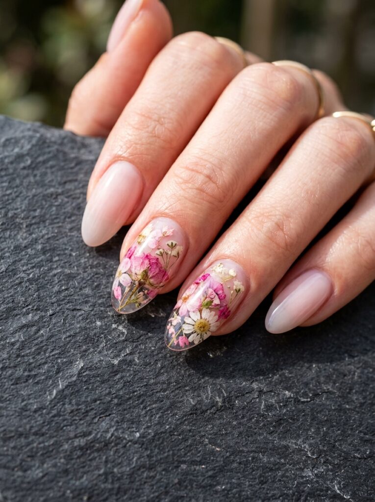 pressed dried florals encapsulated in clear gel nails