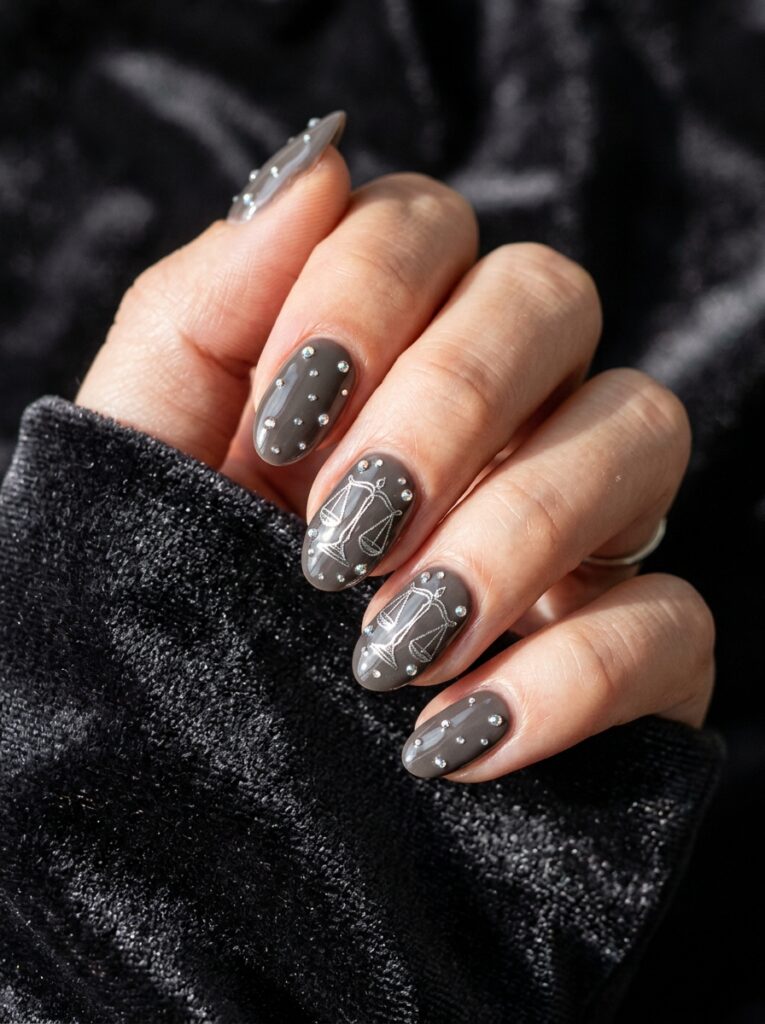 silver balance scale nail art with crystal star accents