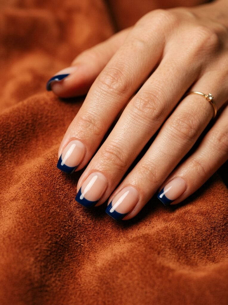 midnight blue curved french tip nails with scale illusion