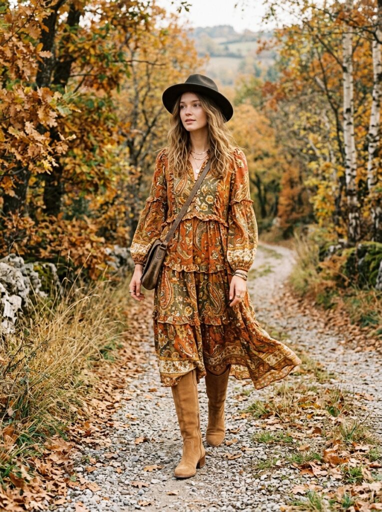 Bohemian tiered midi dress with tan suede knee-high boots