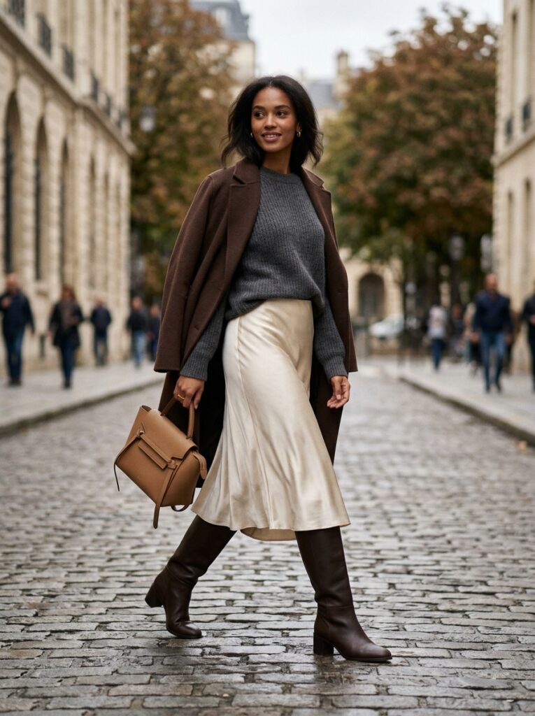 Cream satin midi skirt with chocolate brown knee-high boots
