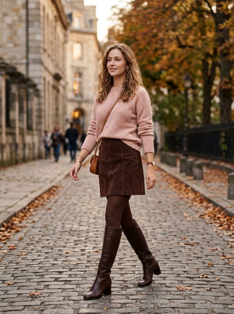 Chocolate brown mini skirt with a blush sweater and brown knee-high boots