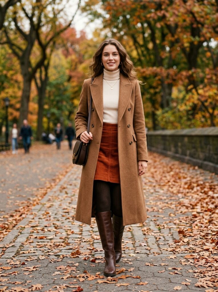 Corduroy mini skirt with a long wool coat and brown leather knee-high boots