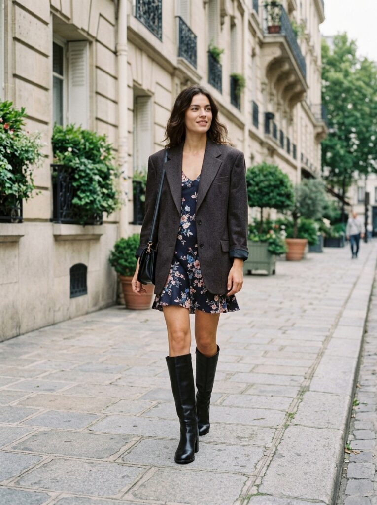 Floral mini dress with an oversized blazer and black knee-high boots