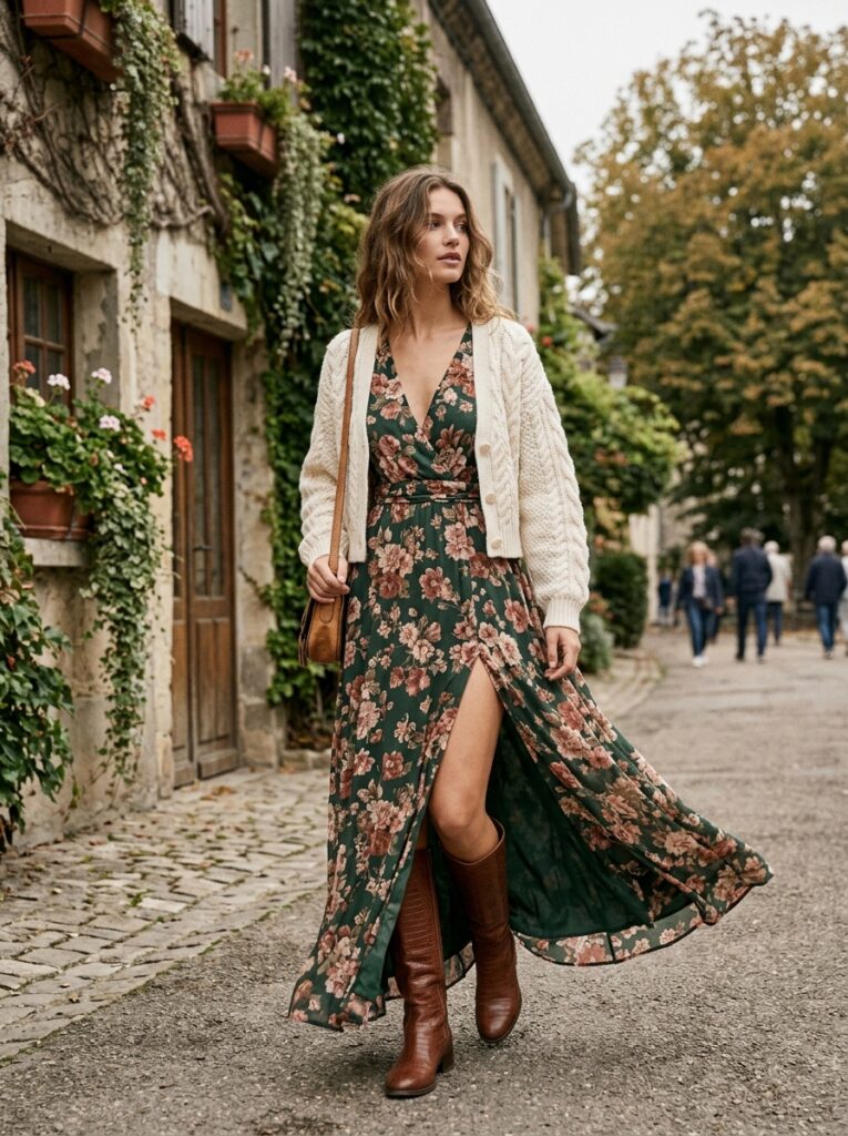 Floral maxi dress with a cropped cardigan and knee-high boots