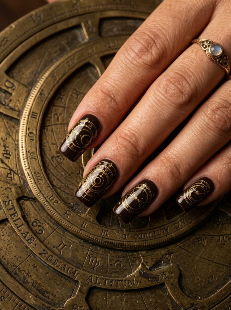 antique gold astrolabe nail art on espresso base