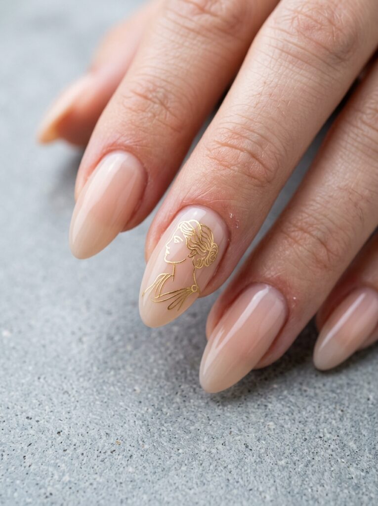 fine line aphrodite silhouette nail art on sheer nude