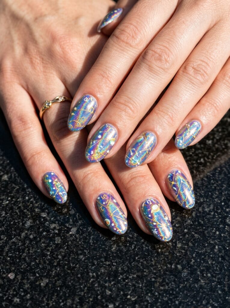 holographic zodiac map nails across all ten fingers