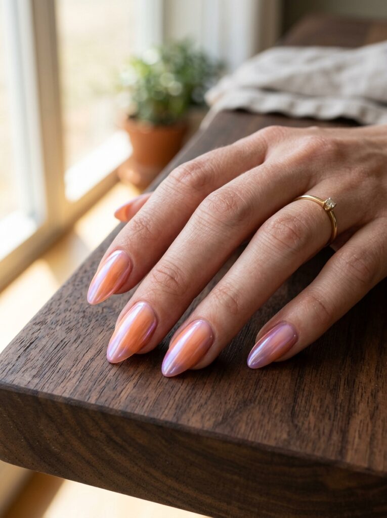 iridescent equinox nails shifting peach and lilac