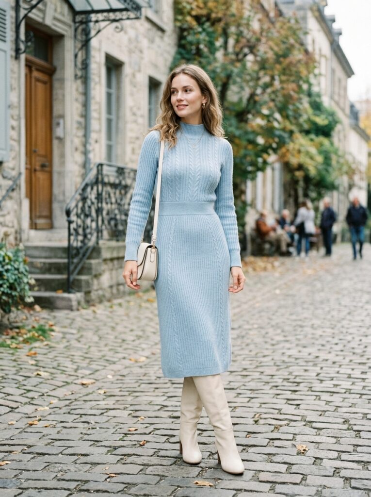 Soft blue knit dress with ivory knee-high boots