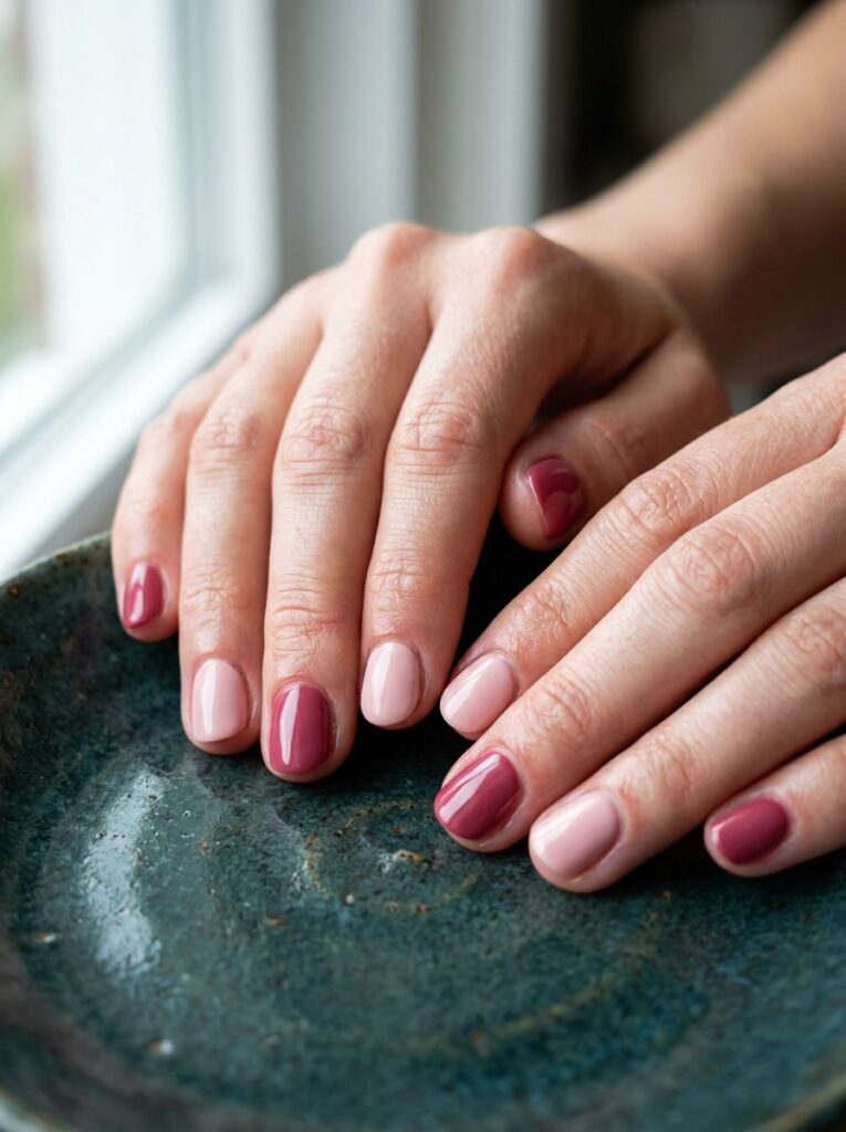 two tone blush pink and rose alternating nails