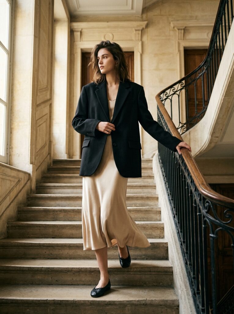 Woman in an oversized black blazer, champagne satin midi skirt, and black ballet flats descending a Parisian staircase.