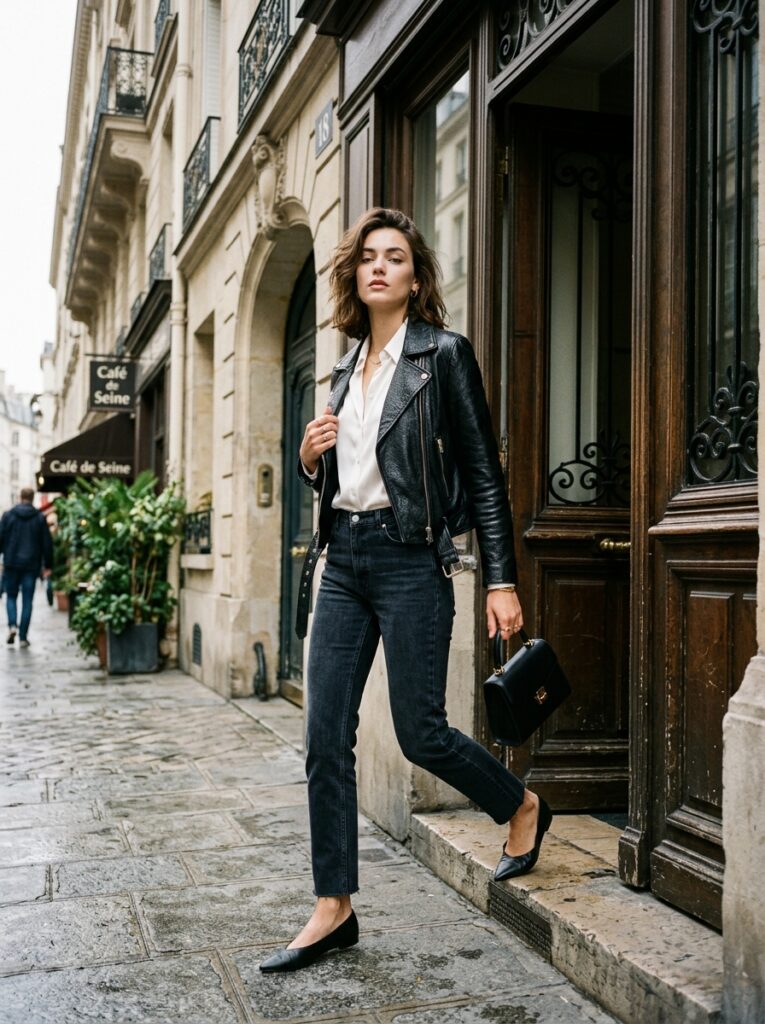 Woman in a black leather jacket, white silk blouse, dark straight-leg jeans, and black flats stepping through a Parisian doorway.