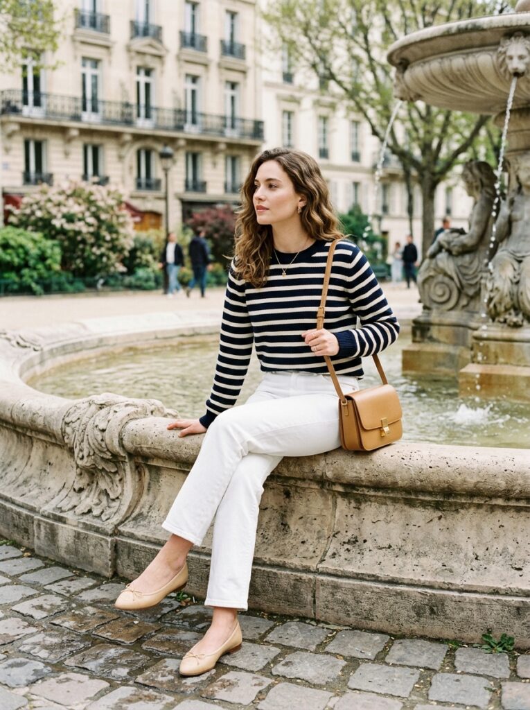 Woman in a striped knit sweater, white straight-leg jeans, neutral flats, and a camel shoulder bag seated beside a Parisian fountain.