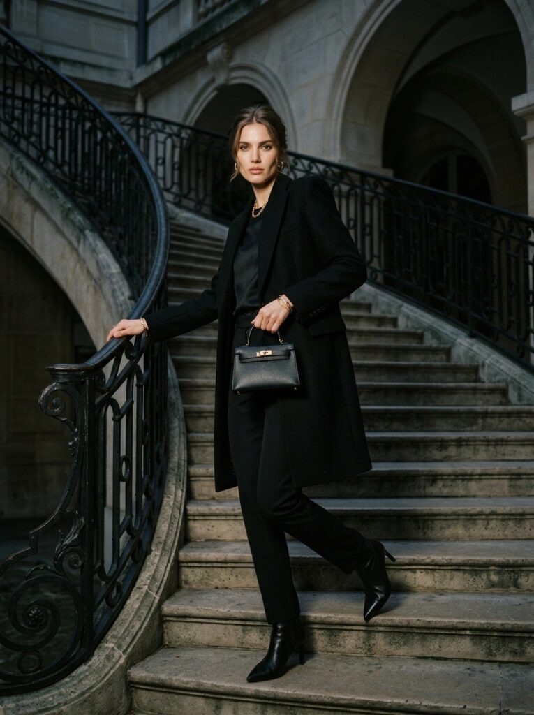 Woman in an all-black tailored outfit with gold statement jewelry and a miniature top-handle handbag posing dramatically on a Parisian staircase.