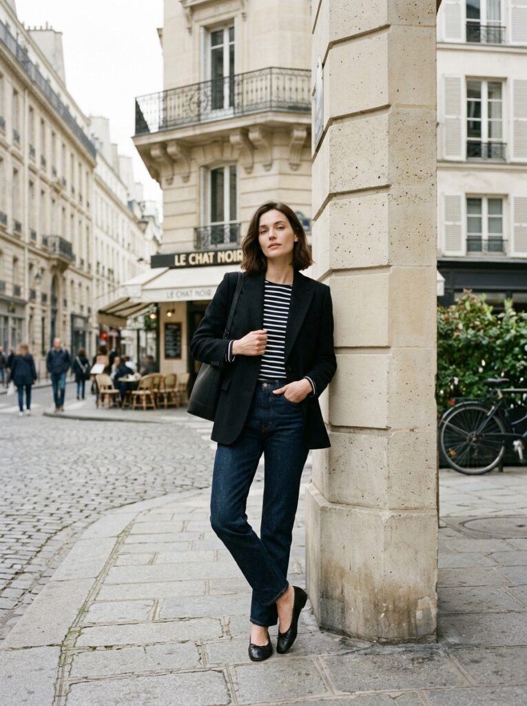 Woman in a black blazer, striped Breton top, dark straight-leg jeans, and black flats posing on a Parisian street.