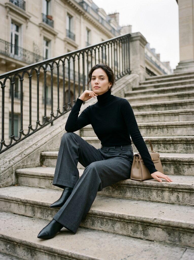 Woman in a black turtleneck and charcoal wide-leg trousers seated on a Parisian stone staircase with a structured leather handbag.