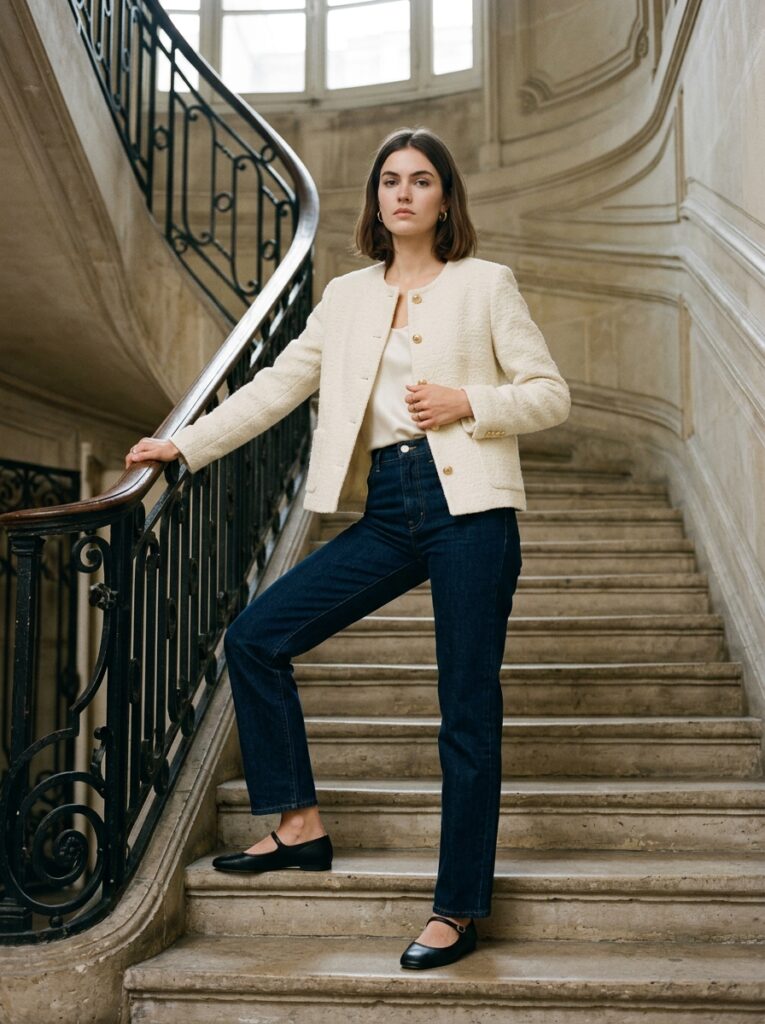 Woman in a cream bouclé jacket, ivory top, dark straight-leg jeans, and black Mary Jane flats posing on a Parisian staircase.