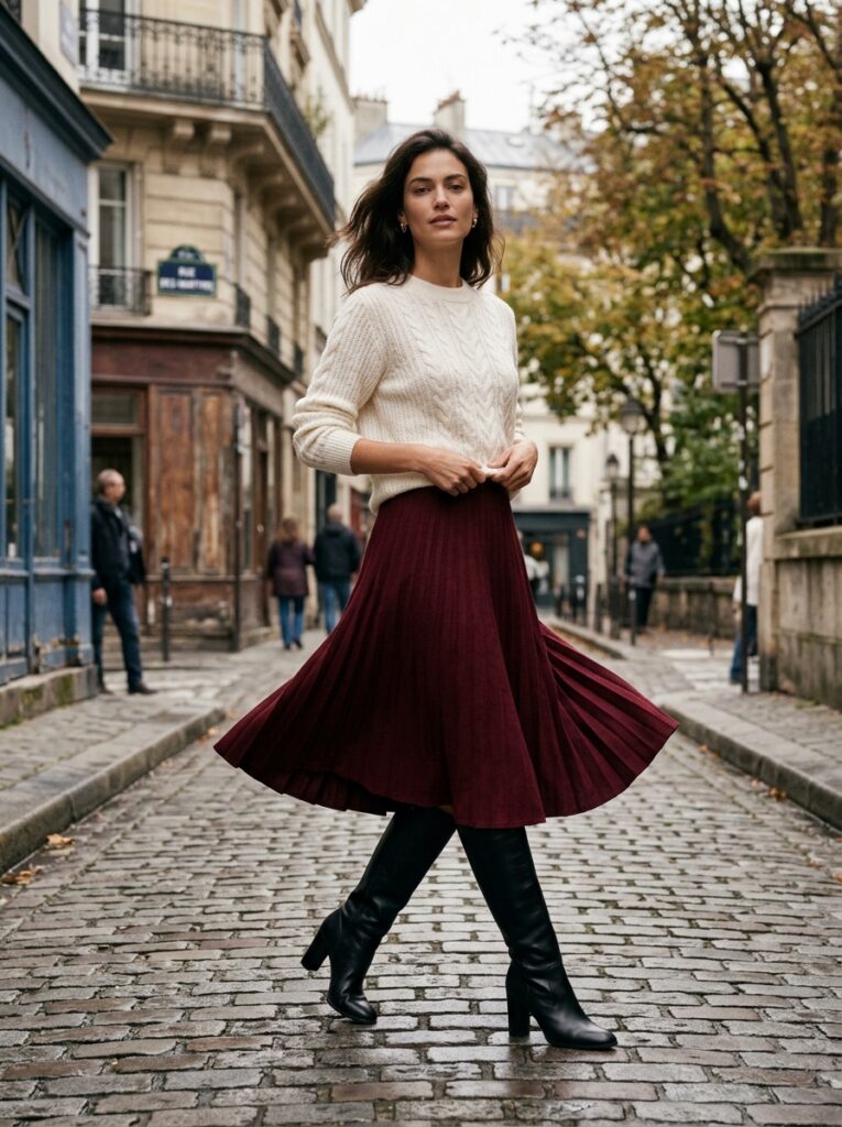 Woman in an ivory knit sweater, flowing burgundy midi skirt, and tall black leather boots turning on a Parisian street.