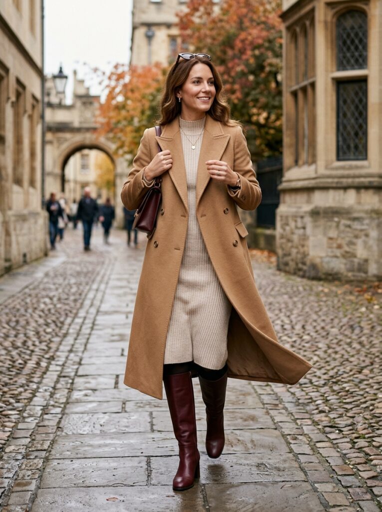 Soft knit midi dress with a camel coat and burgundy knee-high boots
