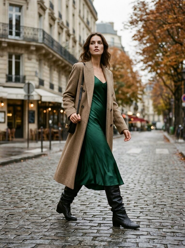 Satin slip dress with slouchy knee-high boots and a long wool coat
