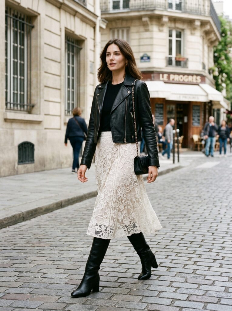 Lace midi skirt with a cropped leather jacket and knee-high boots