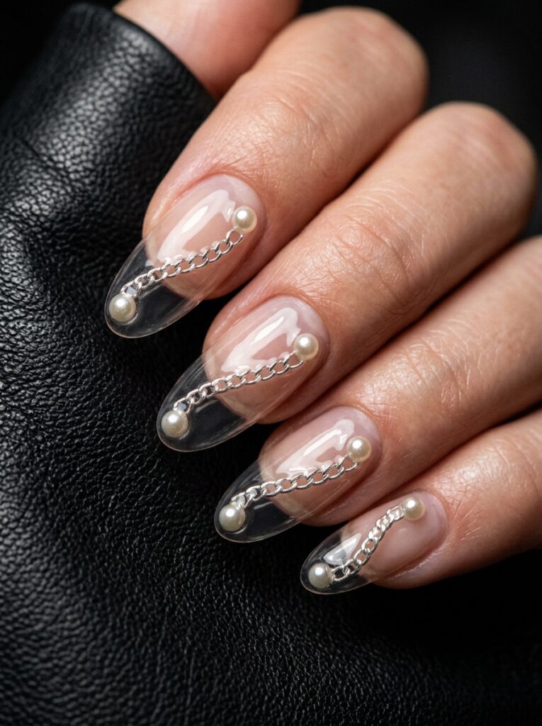 silver chain nail art with encapsulated 3d pearls