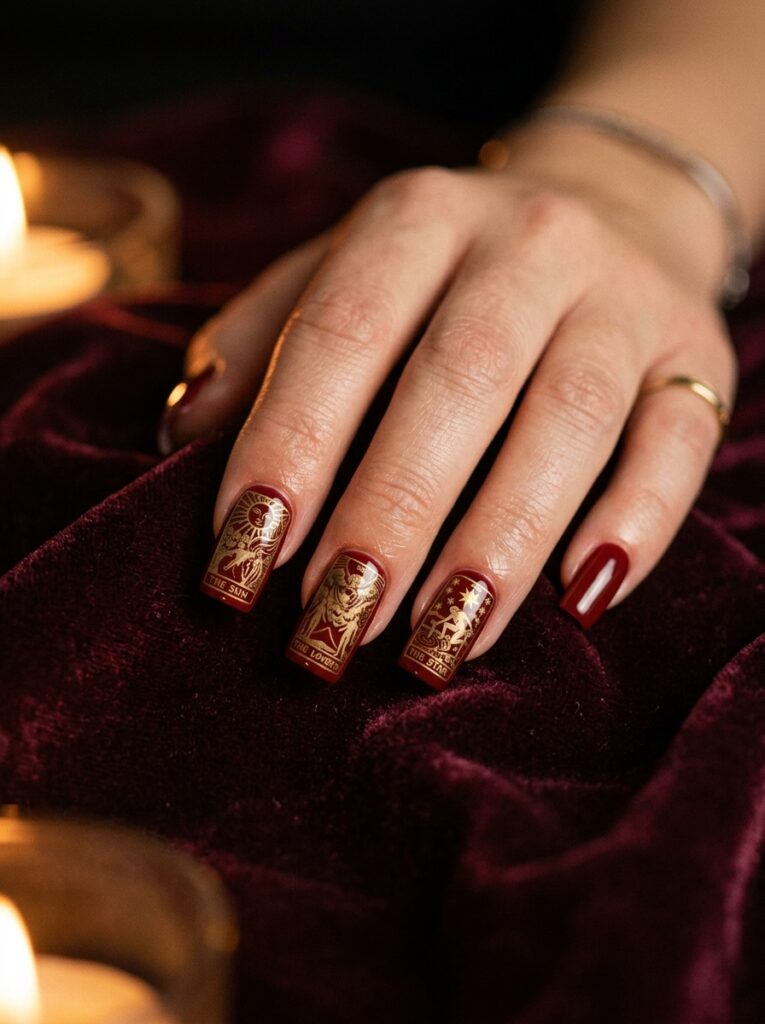 libra tarot card nail art in muted gold and red