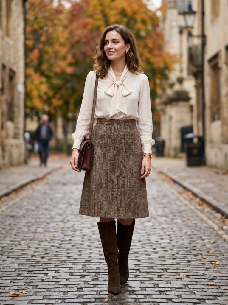 Tweed A-line skirt with a bow blouse and knee-high boots