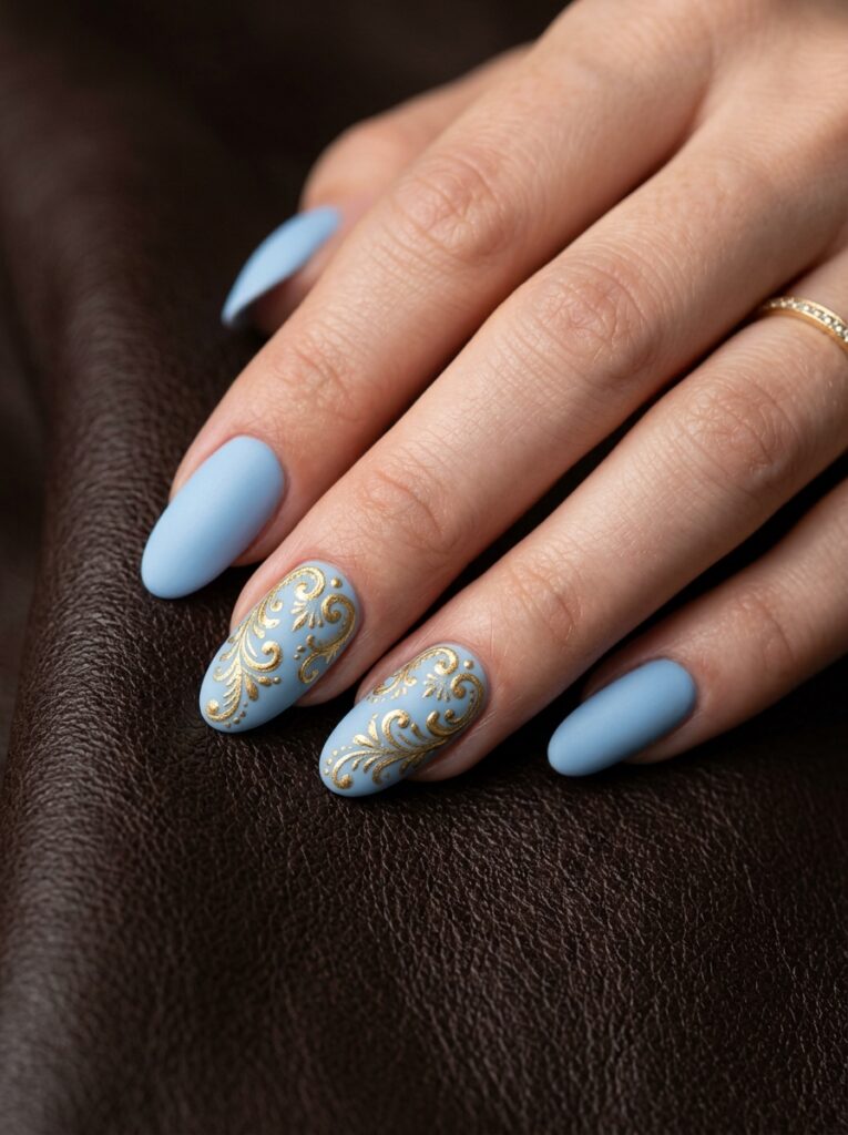powder blue nails with gold rococo scrollwork