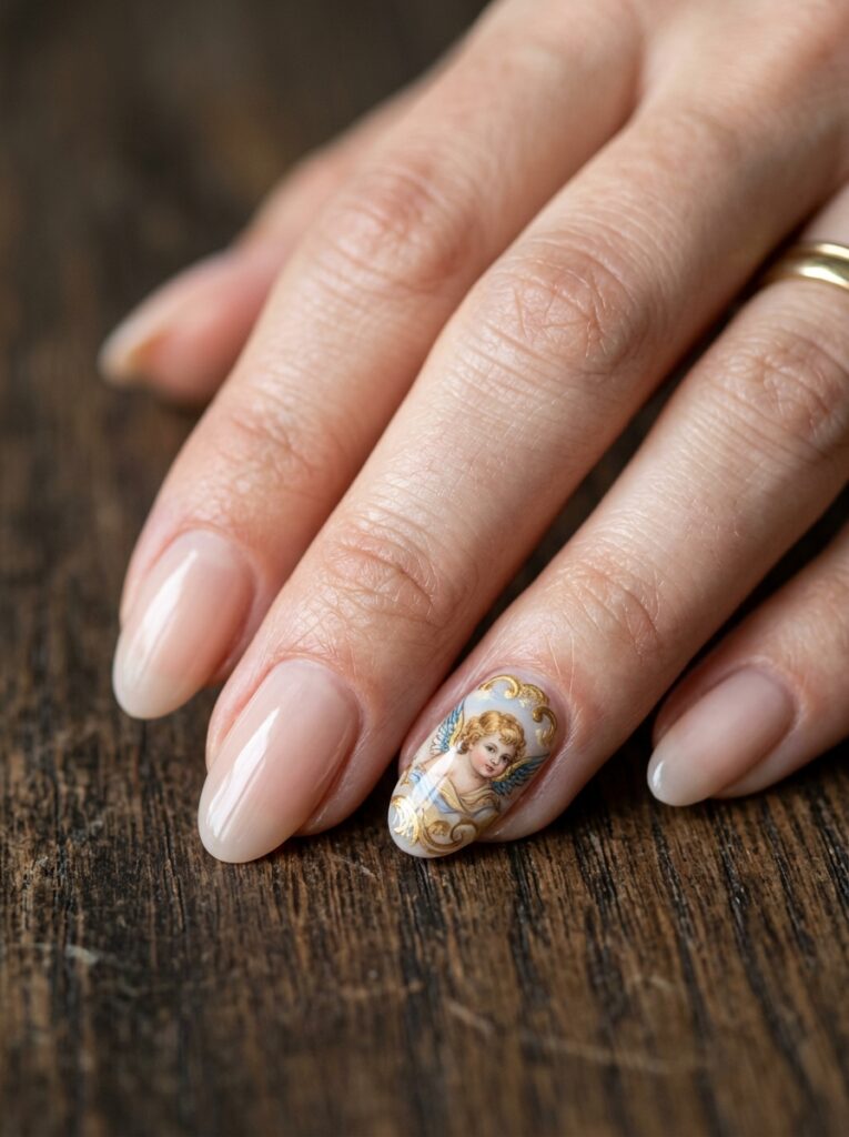 renaissance cherub miniature nail art on accent nail