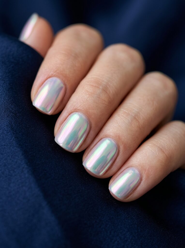 opalescent shell chrome nails shifting pink green blue