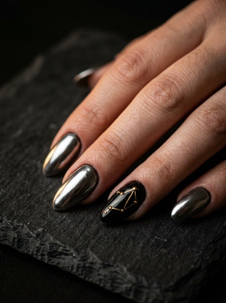 silver chrome nails with gold libra constellation accent