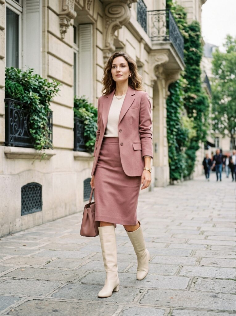 Dusty rose skirt suit with elegant cream knee-high boots