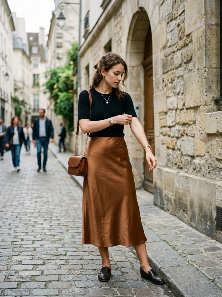 satin midi skirt with fitted knit top date outfit