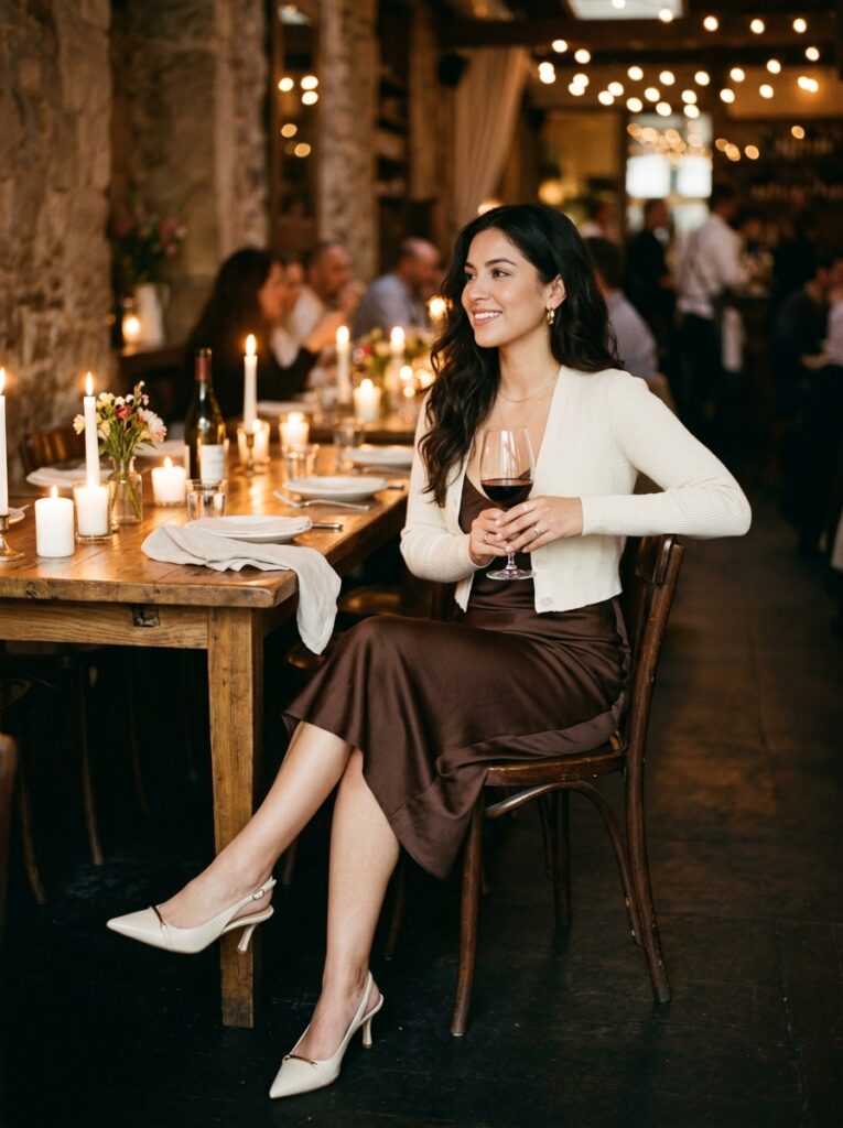 Chocolate brown satin slip dress with a cropped cardigan and slingback heels