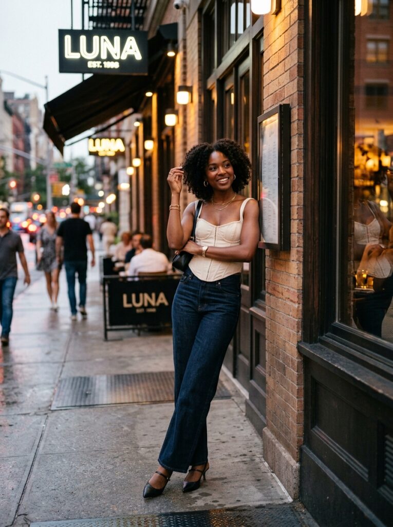 Cream corset top with dark-wash wide-leg jeans and black kitten heels