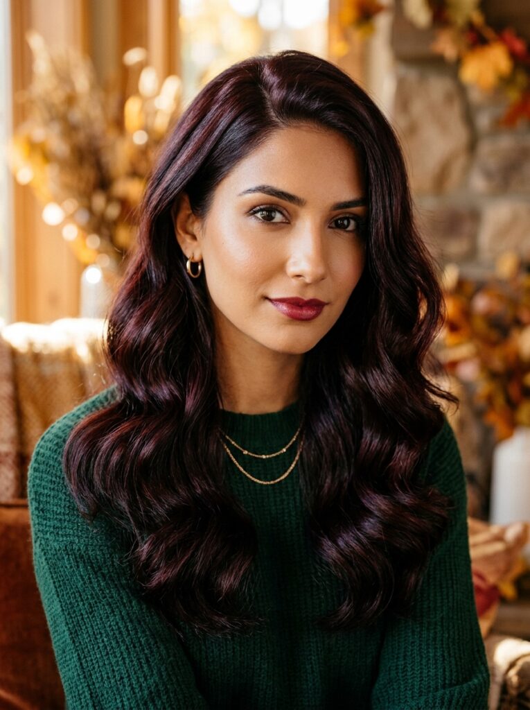 Dark cherry brunette hair with subtle deep red tones