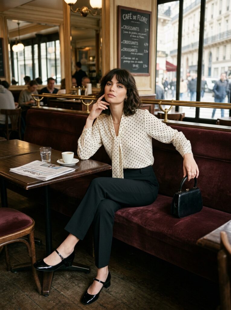Woman in a polka-dot blouse, high-waisted black trousers, and Mary Jane flats seated at a Parisian café.
