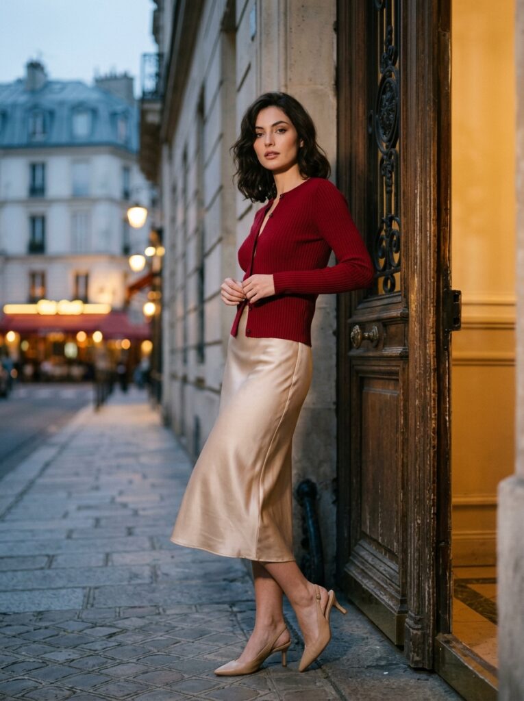 Woman in a deep-red cardigan, champagne satin midi skirt, and neutral slingback heels posing beside a Parisian doorway.