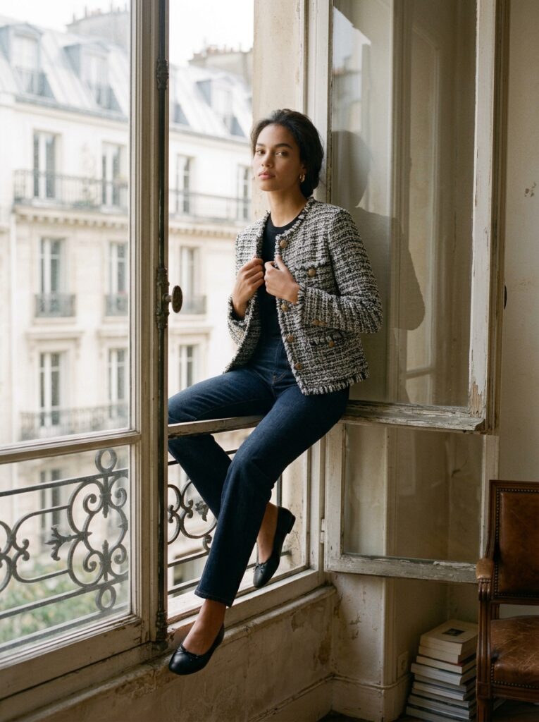 Woman in a black-and-white tweed jacket, black top, dark straight-leg jeans, and ballet flats seated beside a Parisian window.