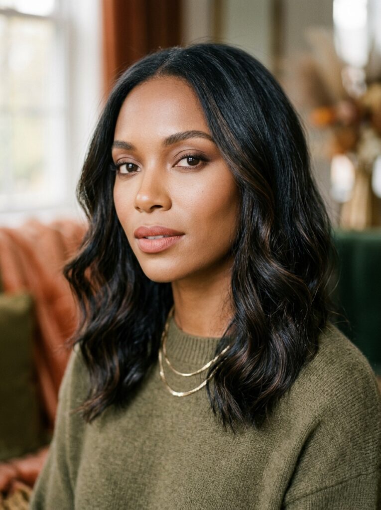 Soft black hair with subtle espresso brown highlights