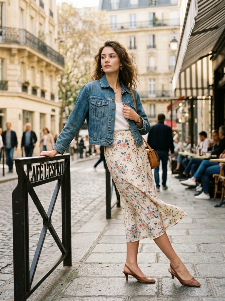 Woman in a cropped denim jacket, floral midi skirt, and kitten heels leaning against a Parisian café terrace railing.