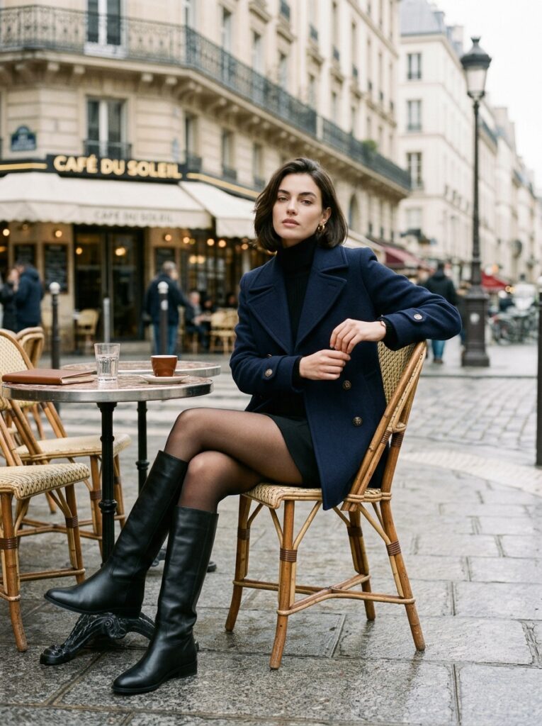 Woman in a structured navy peacoat, black mini skirt, sheer tights, and knee-high black boots seated at a Parisian café.