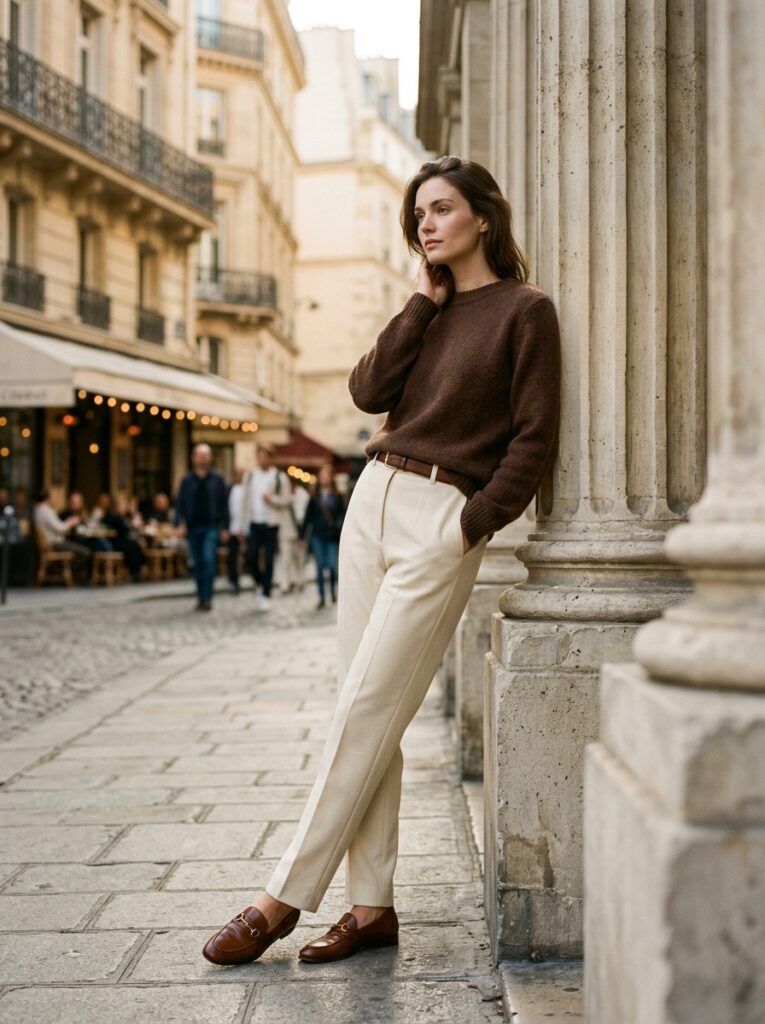 Woman in a chocolate-brown knit sweater, cream tailored trousers, and brown leather loafers leaning against a Parisian stone column.